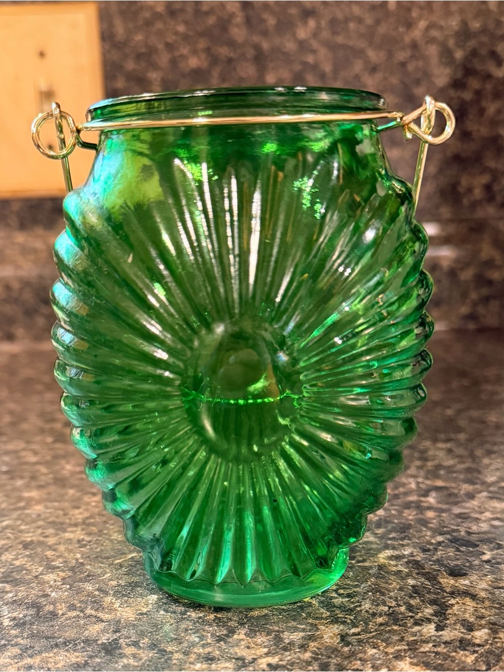 Green Pressed Glass Sunburst Vase with Metal Handle